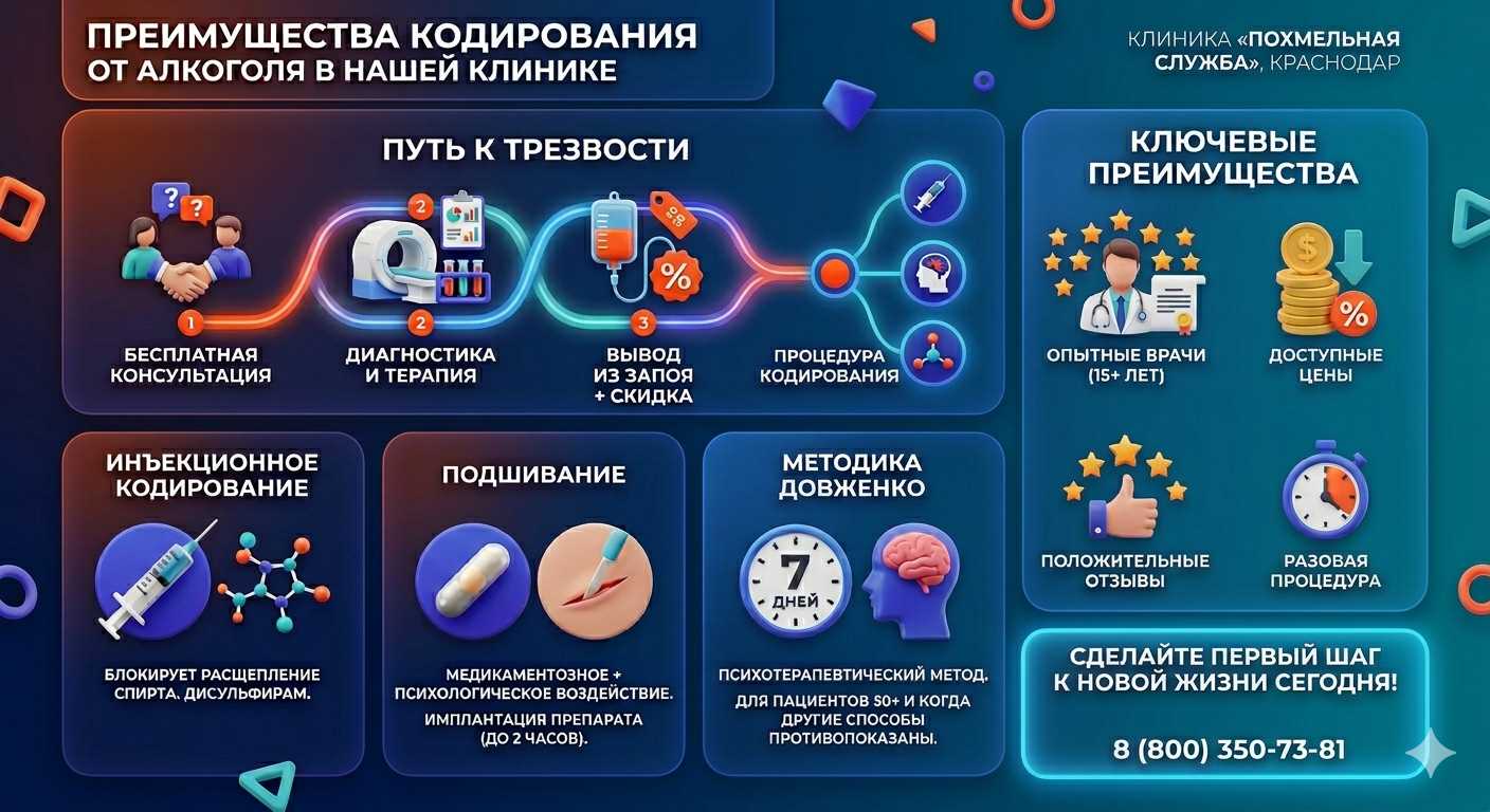 Инфографика о методах кодирования от алкоголя в Рузаевке: инъекции, подшивание, метод Довженко. Преимущества клиники и этапы лечения.